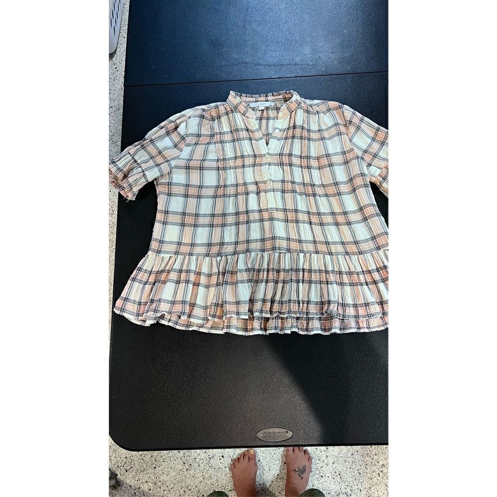 Loft Women's Plaid Ruffle Sleeve Button-Up Peplum Top Pink Cream Size Small